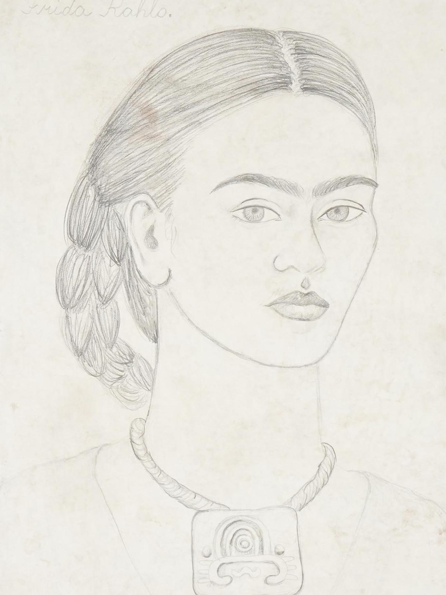 ATTR TO FRIDA KAHLO SELF PORTRAIT PENCIL PAINTING (1 of 4)