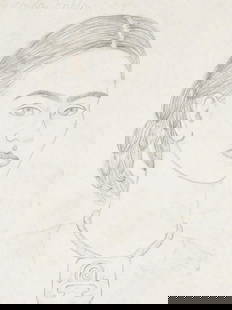 ATTR TO FRIDA KAHLO SELF PORTRAIT PENCIL PAINTING: Pencil on paper drawing. Attributed to Frida Kahlo, 1907 to 1954, a Mexican Surrealist artist, spouse of Diego Rivera. The artwork represents the painters self portrait. Circa: 1935 to 1940. Signed up