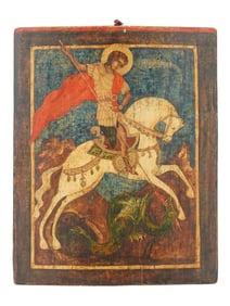 ANTIQUE RUSSIAN ICON OF ST. GEORGE KILLING THE DRAGON