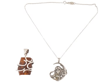 STERLING SILVER ART NOUVEAU STYLE AND AMBER PENDANTS