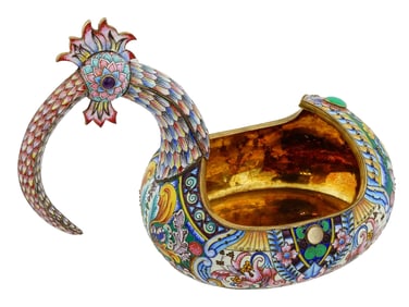 LARGE RUSSIAN CLOISONNE ENAMEL SILVER KOVSH W GEMS