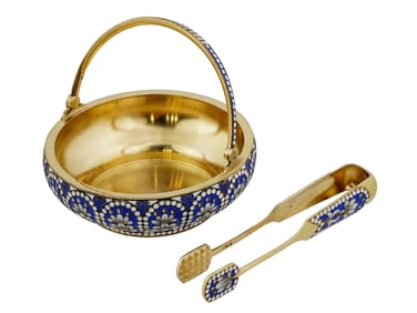 RUSSIAN SILVER SUGAR BOWL AND TONGS W FLORAL ENAMEL