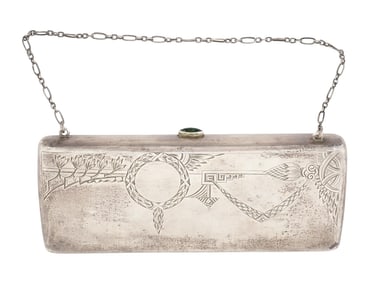 RUSSIAN ETCHED SILVER PURSE CLUTCH W GREEN STONE