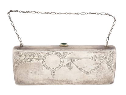 RUSSIAN ETCHED SILVER PURSE CLUTCH W GREEN STONE: A Russian silver purse or clutch. The purse is adorned with an etched design and encrusted with a green stone. A strap made in a chain design. Marked with an 84 Russian standard silver hallmark and ot