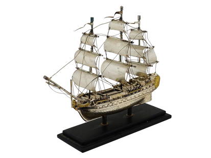 VINTAGE EUROPEAN ST SILVER HMS VICTORY SHIP MODEL: A vintage, European, presumably Italian, sterling silver HMS Victory ship model. Circa mid 20th century, 1960s. The ship represents the HMS Victory, Lord Nelsons flagship at the Battle of Trafalgar, l