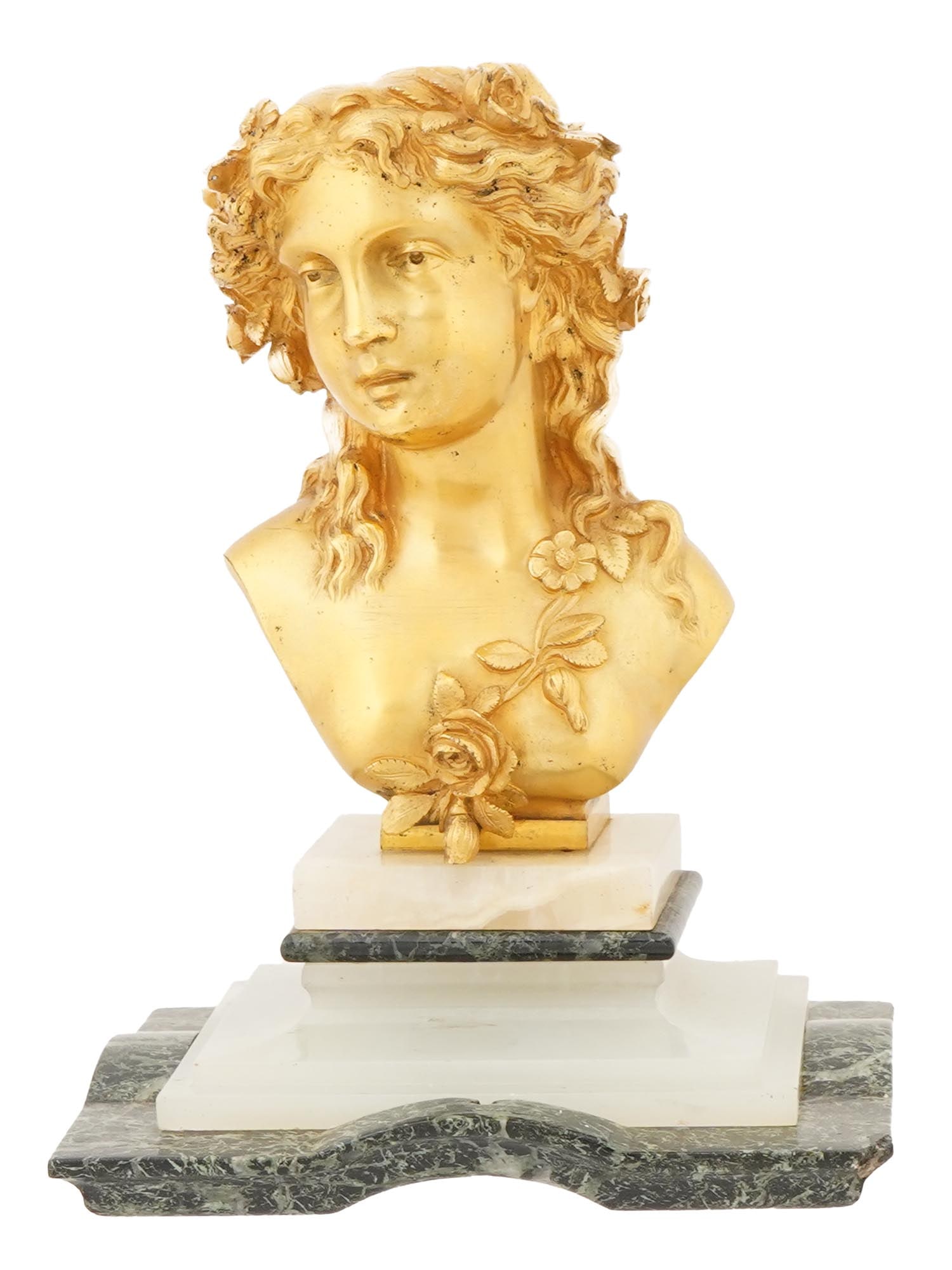 GILT BRONZE BUST OF YOUNG WOMAN ON MARBLE BASE (1 of 6)
