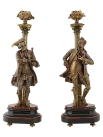 ANTIQUE BRONZE FIGURAL CANDLE STICKS W MARBLE BASE
