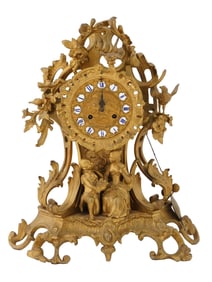 ANTIQUE FRENCH ROCOCO GILT BRONZE FIGURAL MANTEL CLOCK