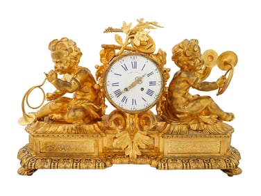 ANTIQUE FRENCH BARANCOURT ORMOLU FIGURAL MANTEL CLOCK