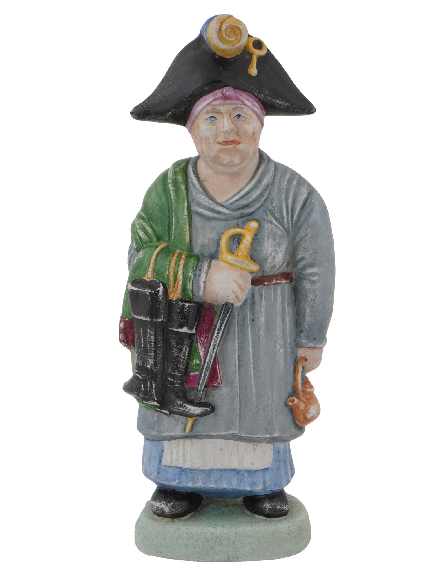 ANTIQUE RUSSIAN PORCELAIN FIGURE PRESUMABLY BY GARDNER: An antique Russian porcelain figure, presumably by Gardner manufacture. Imperial Russia, the mid 18th to 19th century. The figure depicts a peasant woman wearing a triangular hat of the Napoleonic arm