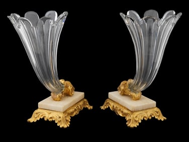 ANTIQUE FRENCH BACCARAT ORMOLU CRYSTAL CORNUCOPIA VASES