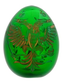 RUSSIAN IMPERIAL GILT ETCHED GREEN GLASS EASTER EGG