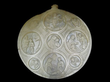 CARVED MOTHER OF PEARL SEA SHELL RELIGIOUS PLAQUE