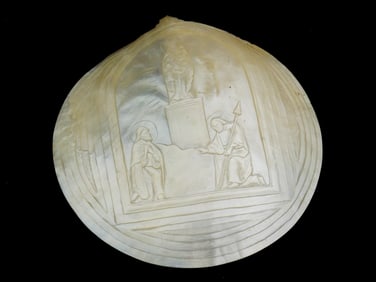 CARVED MOTHER OF PEARL SEA SHELL RELIGIOUS PLAQUE