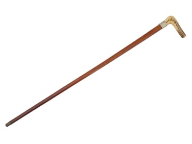 ANTIQUE GENTLEMANS WALKING CANE WITH CARVED ANTLER GRIP