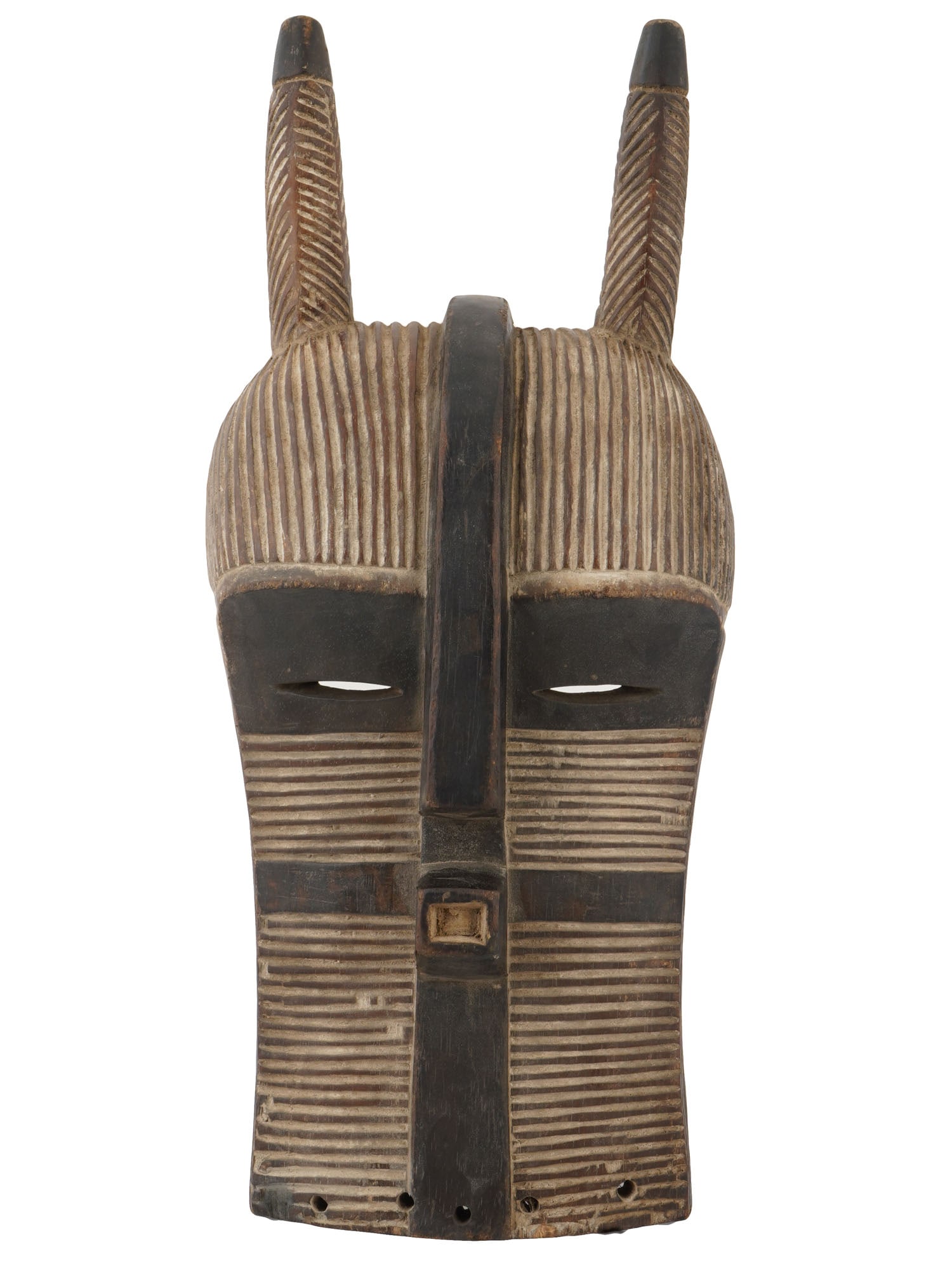 CENTRAL AFRICAN CONGO SONGYE PEOPLE KIFWEBE MASK: A Central African Congo Songye people hand carved wooden Kifwebe mask. The striped mask with geometric facial features, narrow eyes, an elongated, sculpted nose, and a small mouth. Kifwebe masks repre