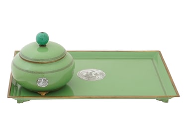 JAPANESE SET OF GREEN ENAMEL METAL TRAY AND JAR