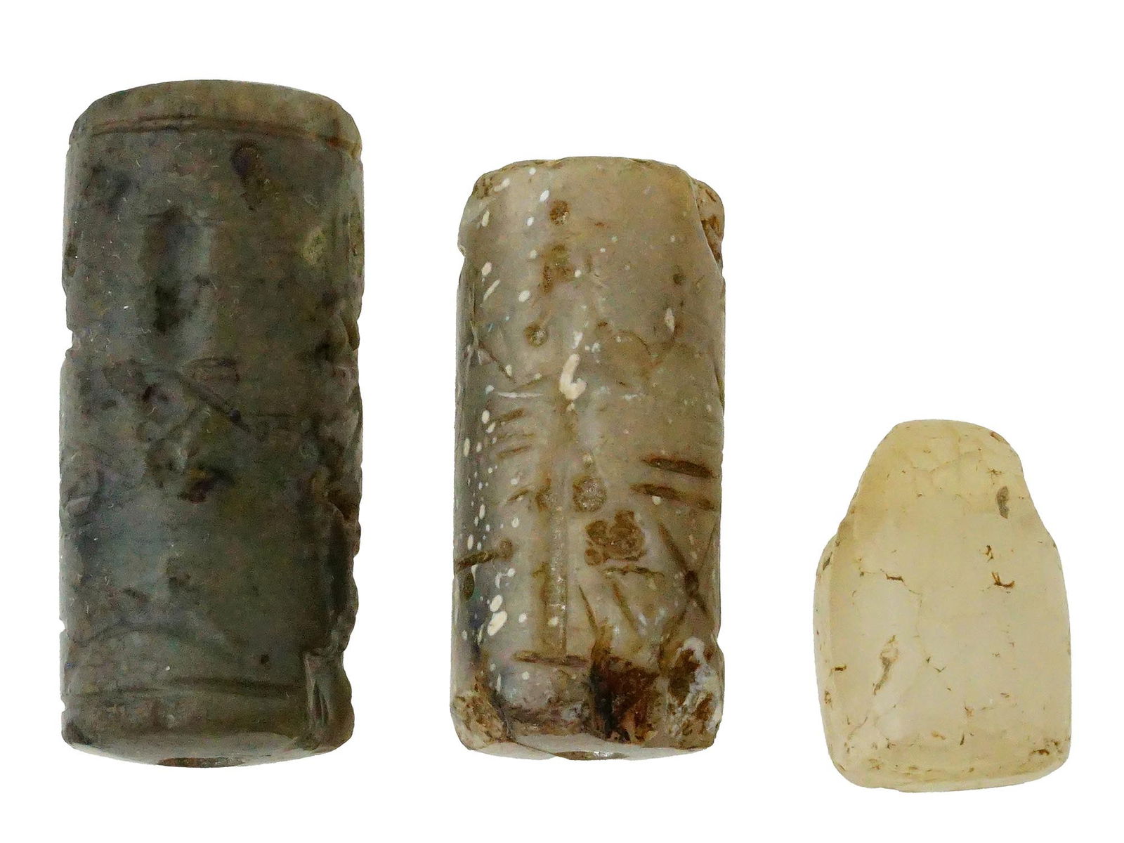 THREE ANCIENT HAND CARVED STONE CYLINDER SEAL BEADS (1 of 8)