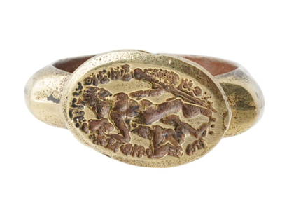 ANCIENT ROMAN BRONZE SIGNET RING 200 AD: An ancient Roman bronze signet ring adorned with the image of a winged male figure holding a staff. Circa 200 AD. Historical Collectibles And Archaeological Jewelry, Rings And Accessories. THIS