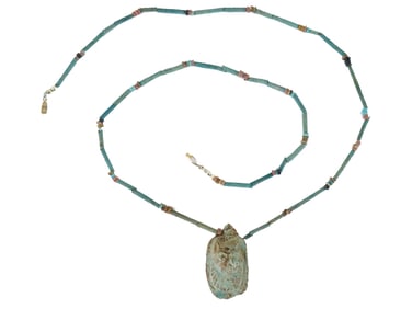 ANCIENT EGYPTIAN BEAD NECKLACE W FAIENCE SEKHMET AMULET