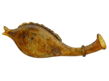 ANCIENT ROMAN BROWN GLASS FISH BOTTLE OR FLASK