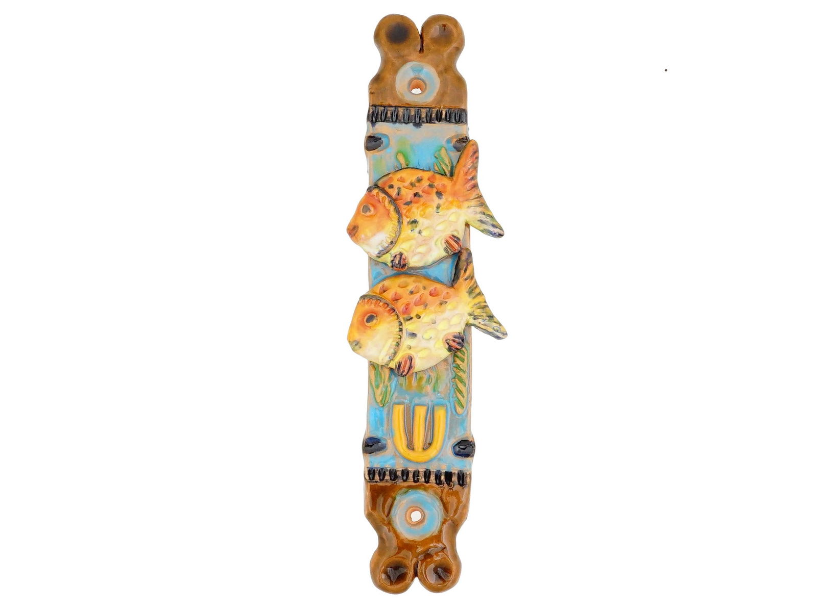 JUDAICA HAND CRAFTED GLAZED CERAMIC MEZUZAH W FISH: A vintage Judaica, hand crafted by Israeli maker, glazed ceramic mezuzah, a decorative case that contains a piece of parchment with the Gods name and is affixed to the doorpost. The mezuzah has a whim