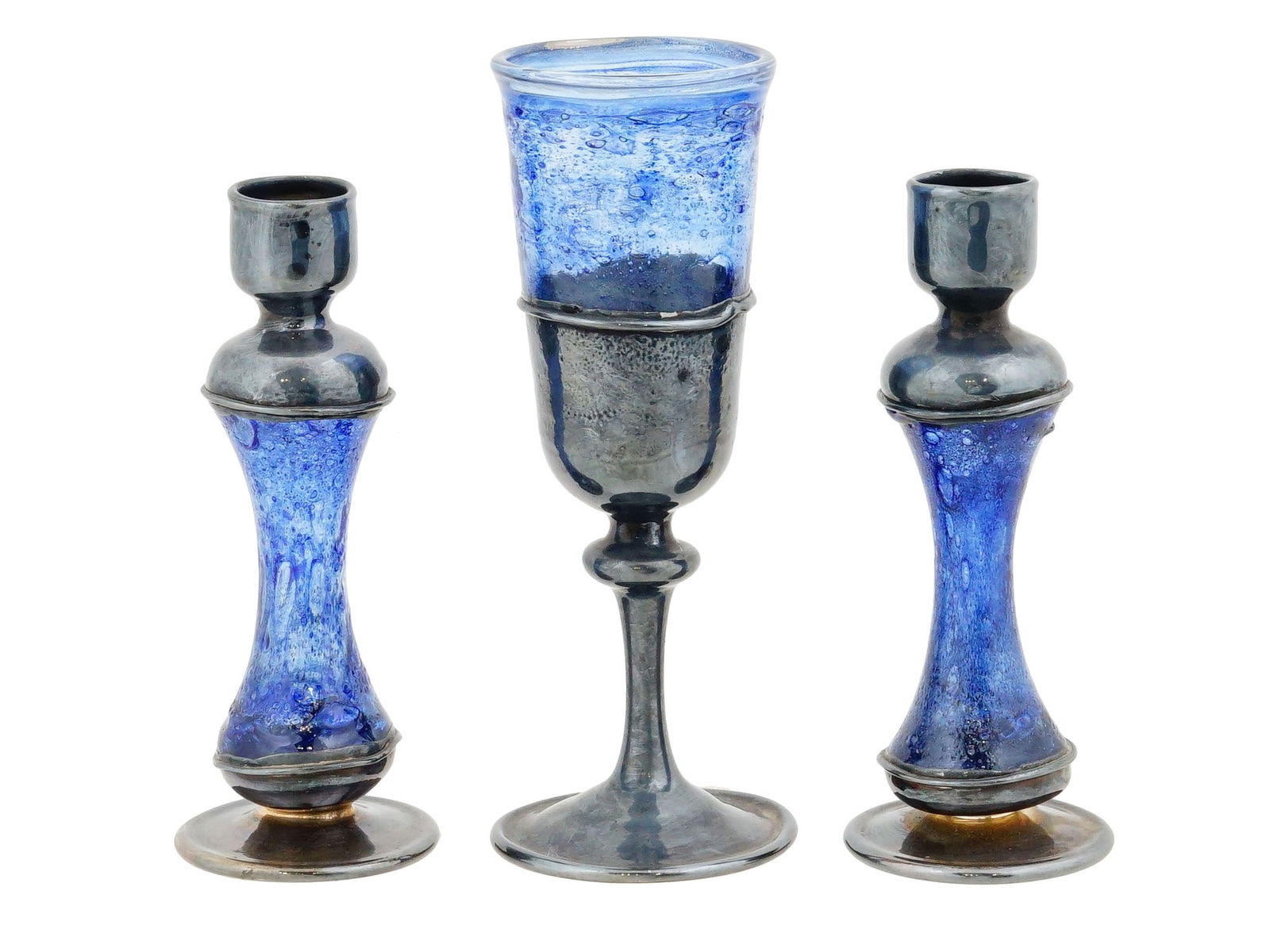 JUDAICA SHERMAN SILVER GLASS KIDDUSH CUP W CANDLESTICKS (1 of 7)