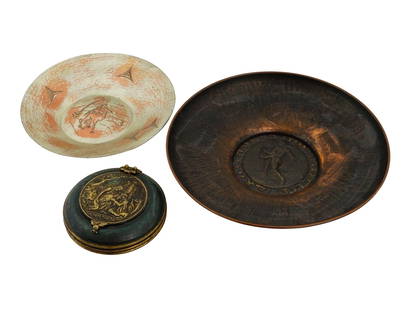 LOT OF THREE JUDAICA ISRAELI PIECES OF BRONZE ART: A lot of three Judaica pieces of bronze art, purportedly made in Israel. One is a Pat Bell plate by Zeev Raban, decorated with a round embossed relief image in the center and inscribed around in Hebre