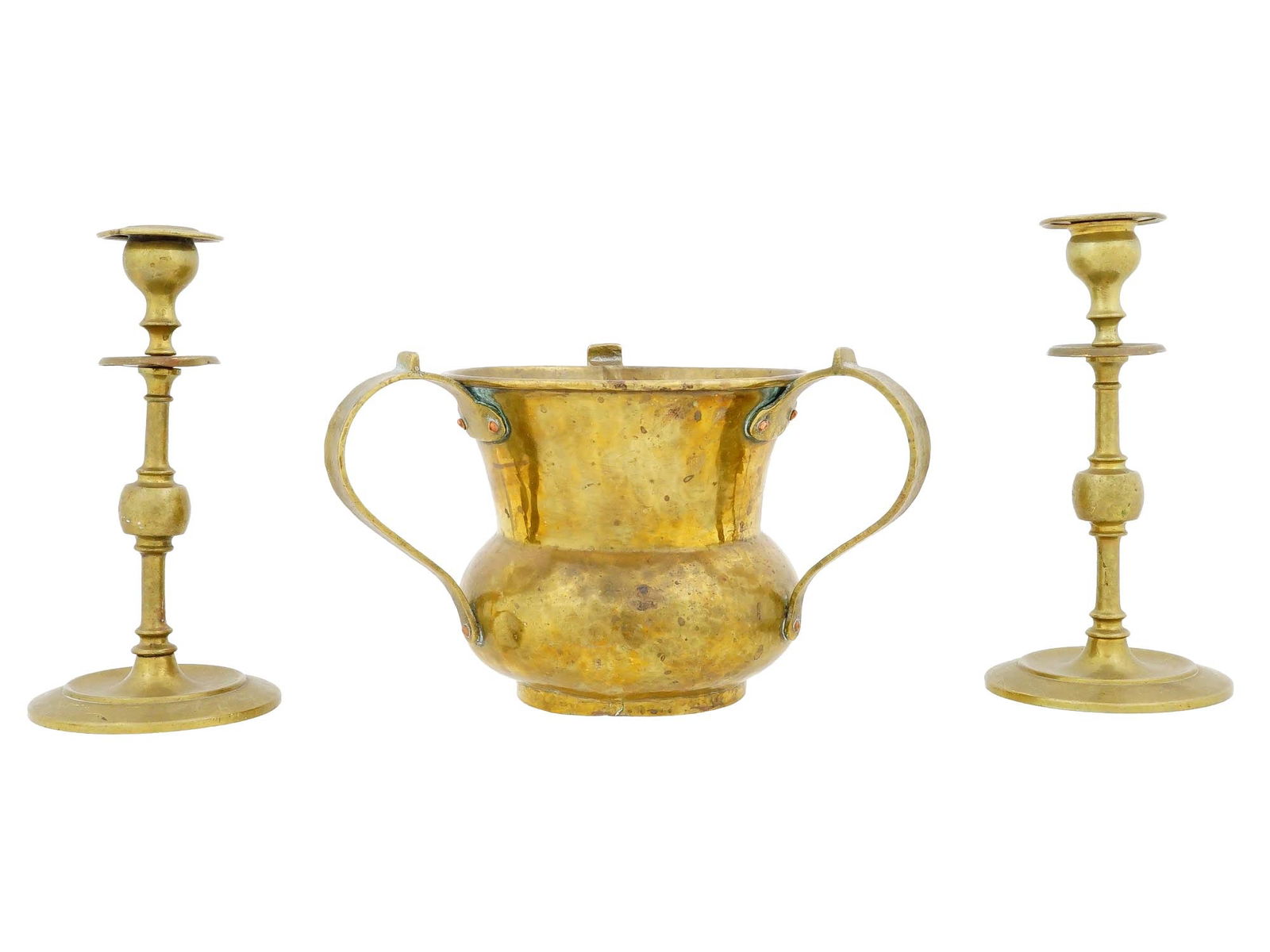 ANTIQUE RUSSIAN JUDAICA BRASS CUP AND CANDLESTICKS (1 of 7)