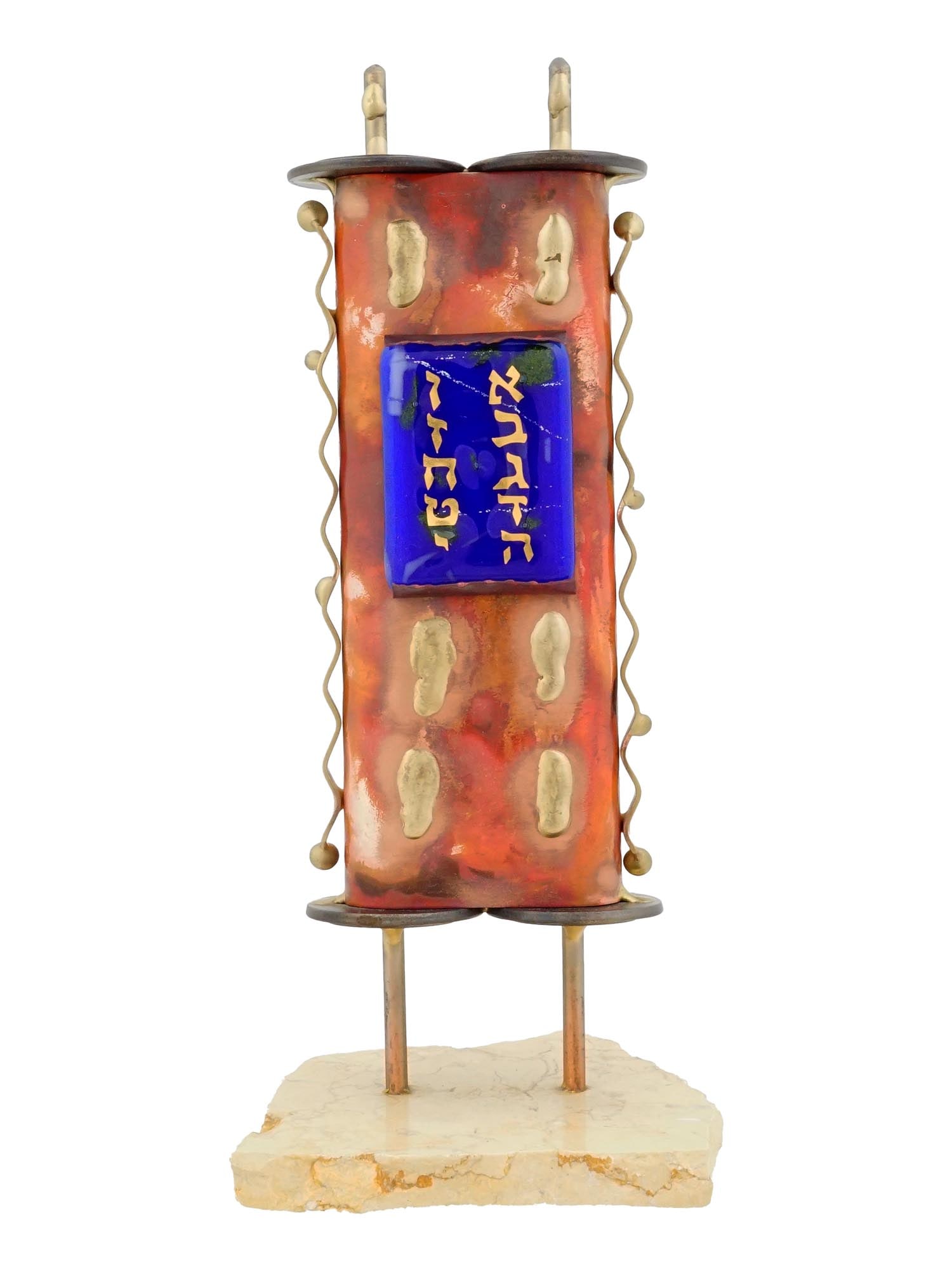 MODERN SCULPTURE OF THE TORAH BY GARY ROSENTHAL 2007: A contemporary sculpture of the Torah by Gary Rosenthal, crafted in red copper with striking blue glass accents. Signed G. R. and dated 2007 on the bottom, this piece exemplifies Rosenthals distinctiv