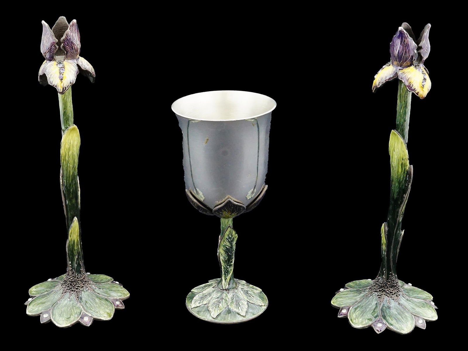 JUDAICA ENAMEL FLORAL SHAPED CANDLESTICKS AND CUP (1 of 8)