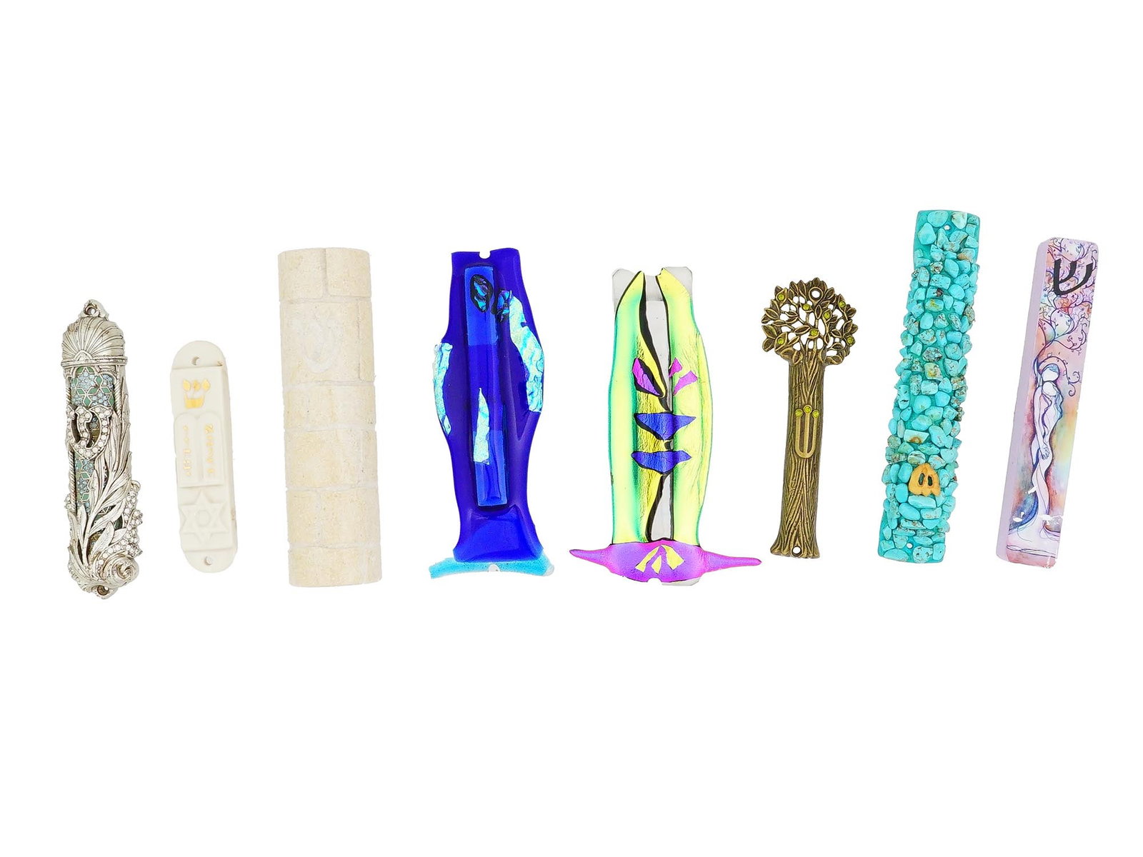 COLLECTION OF 8 MEZUZAHS FROM ISRAEL AND AMERICA: A vintage collection of 8 mezuzahs from Israel and America. Circa mid to late 20th century. The collection features a diverse array of mezuzahs, artfully crafted from various materials and designs, sh