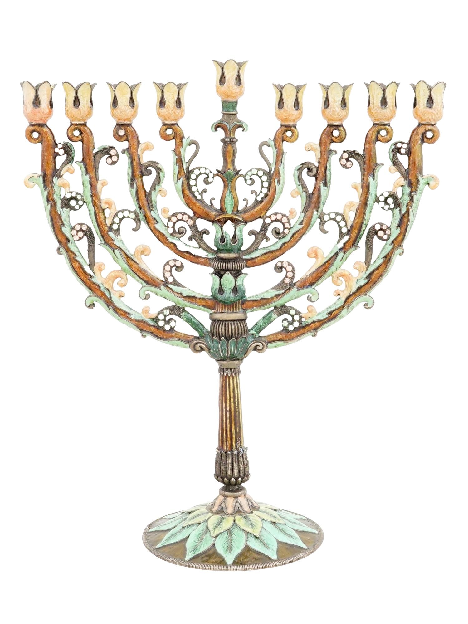 BRASS ENAMEL JUDAICA HANUKKAH MENORAH BY QUEST 2005: A fine brass and enamel Judaica Hanukkah Menorah by Quest, 2005. A beautifully detailed 9 branch menorah with a shape inspired by a flowering tree. Decorated with a lush polychrome enamel pattern and 