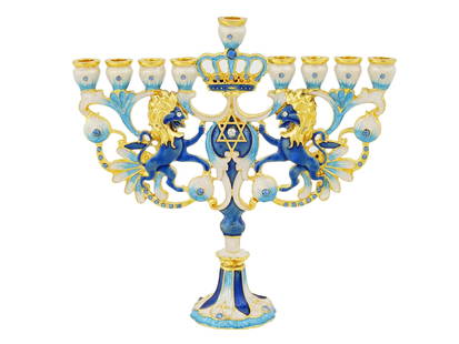 VTG 20TH C JUDAICA ENAMEL BRASS HANUKKAH CANDELABRA: A vintage 20th-century Judaica Hanukkah candelabra made of enameled brass. It features a symmetrical design with eight candle holders and a central, elevated shamash holder. The overall color scheme i