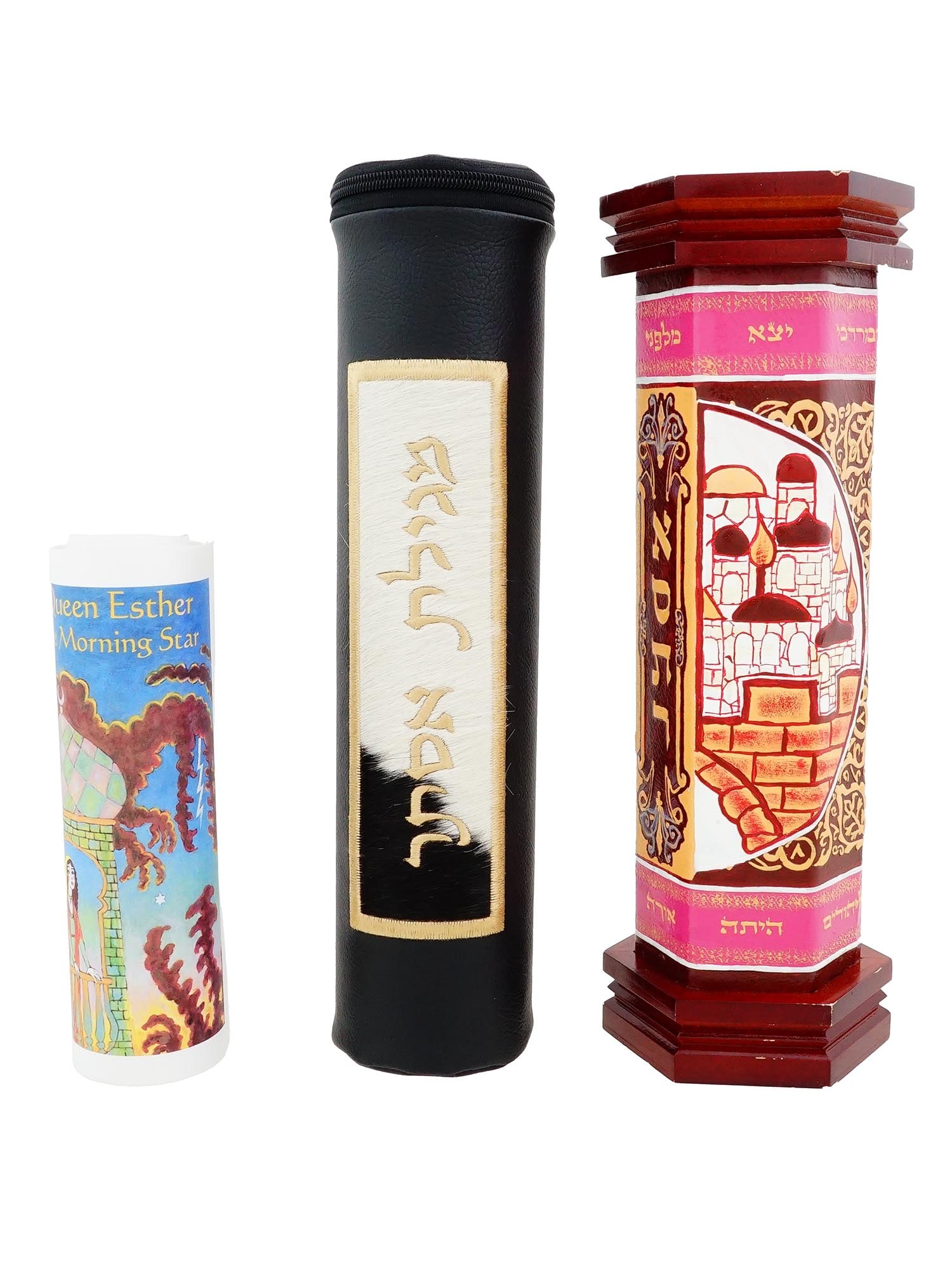 LOT OF TWO VINTAGE 20TH CEN MEGILLAH HOLDERS W SCROLL: A lot of two vintage 20th century Megillah holders with illustrated scroll: one black zippered case with Hebrew text on fur, bears a label, and one red hexagonal wooden holder with a Jerusalem scene a