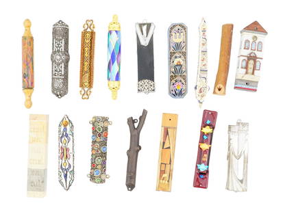 LOT OF ASSORTED JUDAICA ISRAELI AMERICAN MEZUZAHS: A collection of assorted Israeli and American mezuzahs made in various designs. The wares are covered with polychrome enamel, made in a figural design. Several are encrusted with faux gemstones. Sever