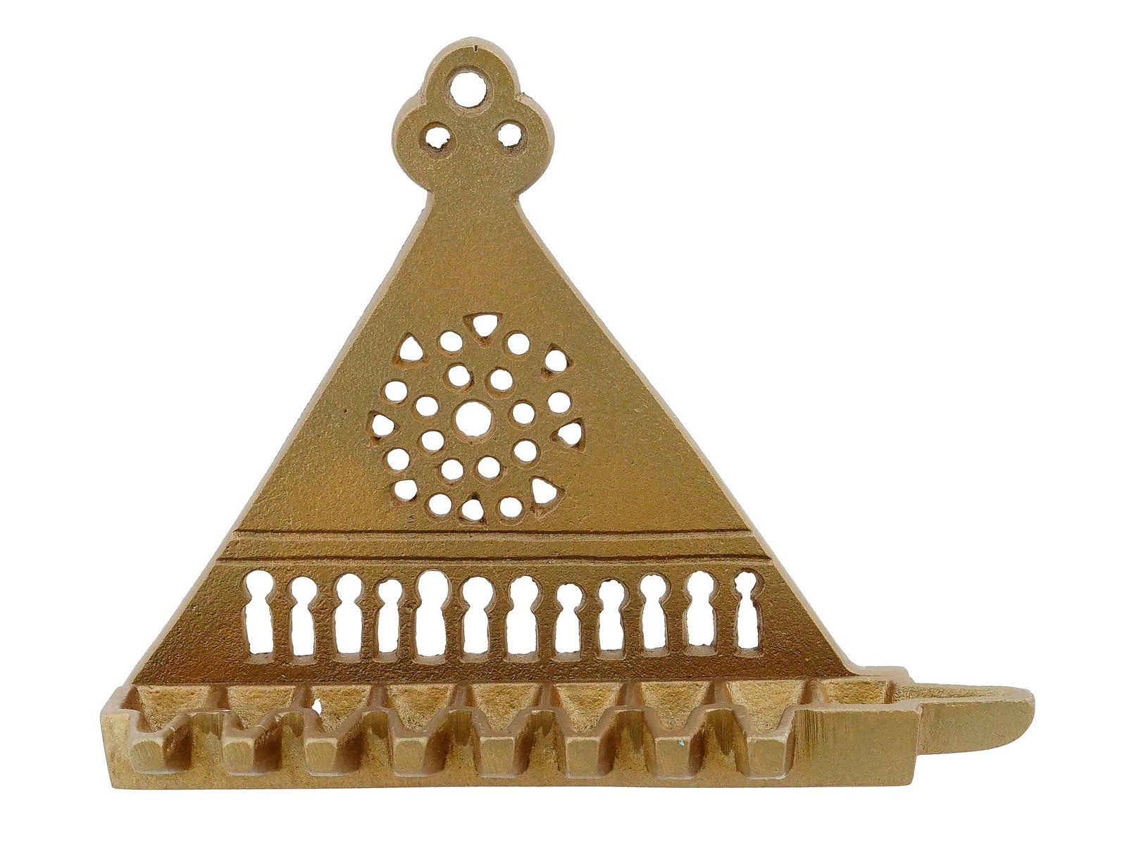 VINTAGE ITALIAN JUDAICA BRASS TRIANGULAR HANUKKAH LAMP: A vintage Italian Judaica brass Hanukkah lamp, dating to the 20th century, featuring a triangular backplate pierced with circular and triangular openings in the style of a rose window, set above a row