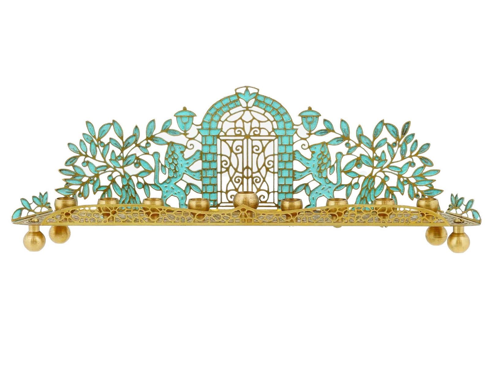 AMERICAN BRASS MENORAH OPENWORK DESIGN LION OF JUDAH: An American brass Hanukkah lamp from the late 20th century, crafted in a detailed openwork design with striking gold and green tones. This menorah features symbolic Judaica imagery including the Lion 