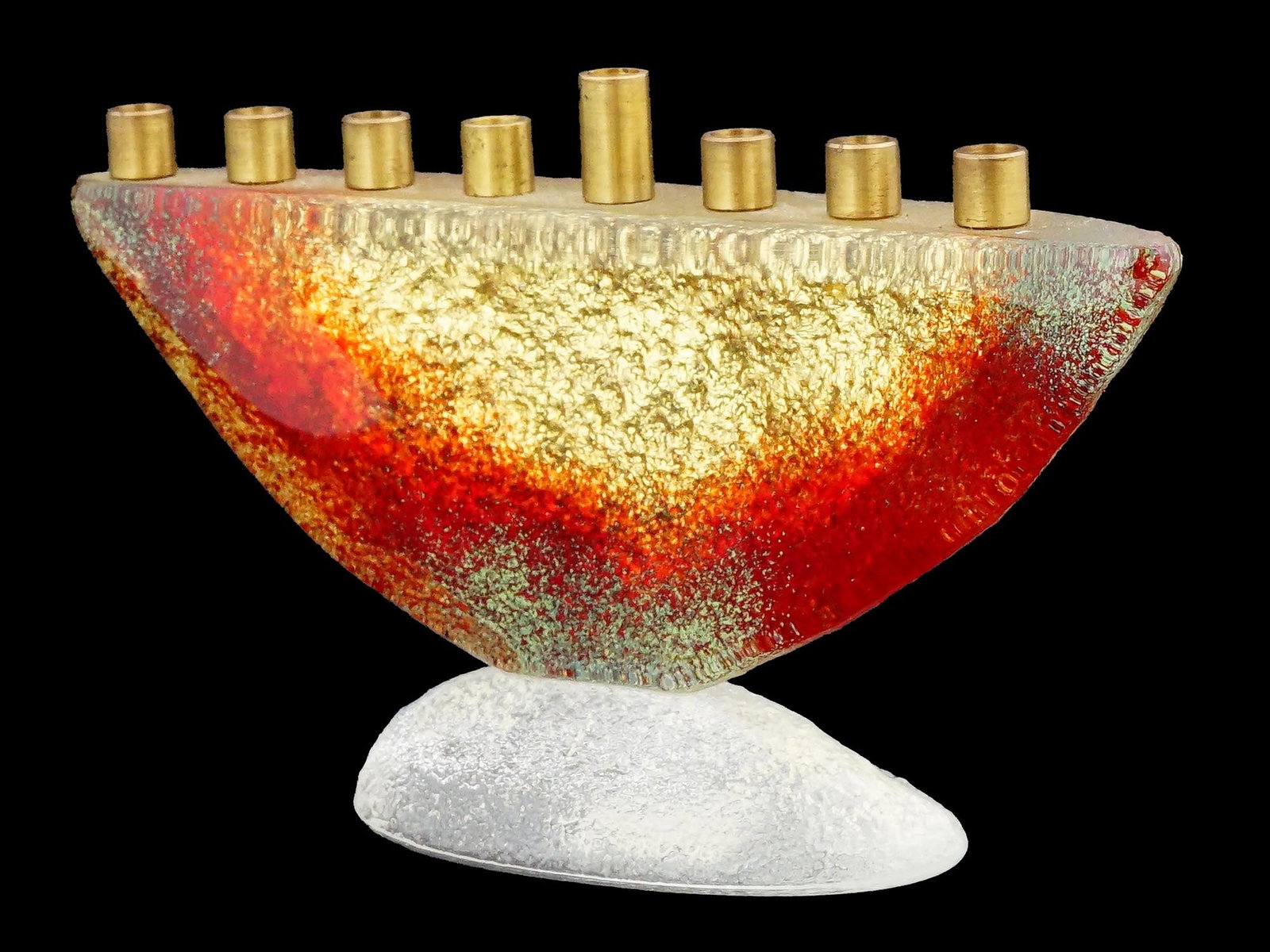 CASSANDRE DIANE FERLAND SANDCASTLE GLASS MENORAH LAMP: A Contemporary art glass Hanukkah menorah lamp design by Diane Ferland for Cassandre, Canada. The hand made menorah is adorned with a striking semi circular form with textured and fused glass in vivid