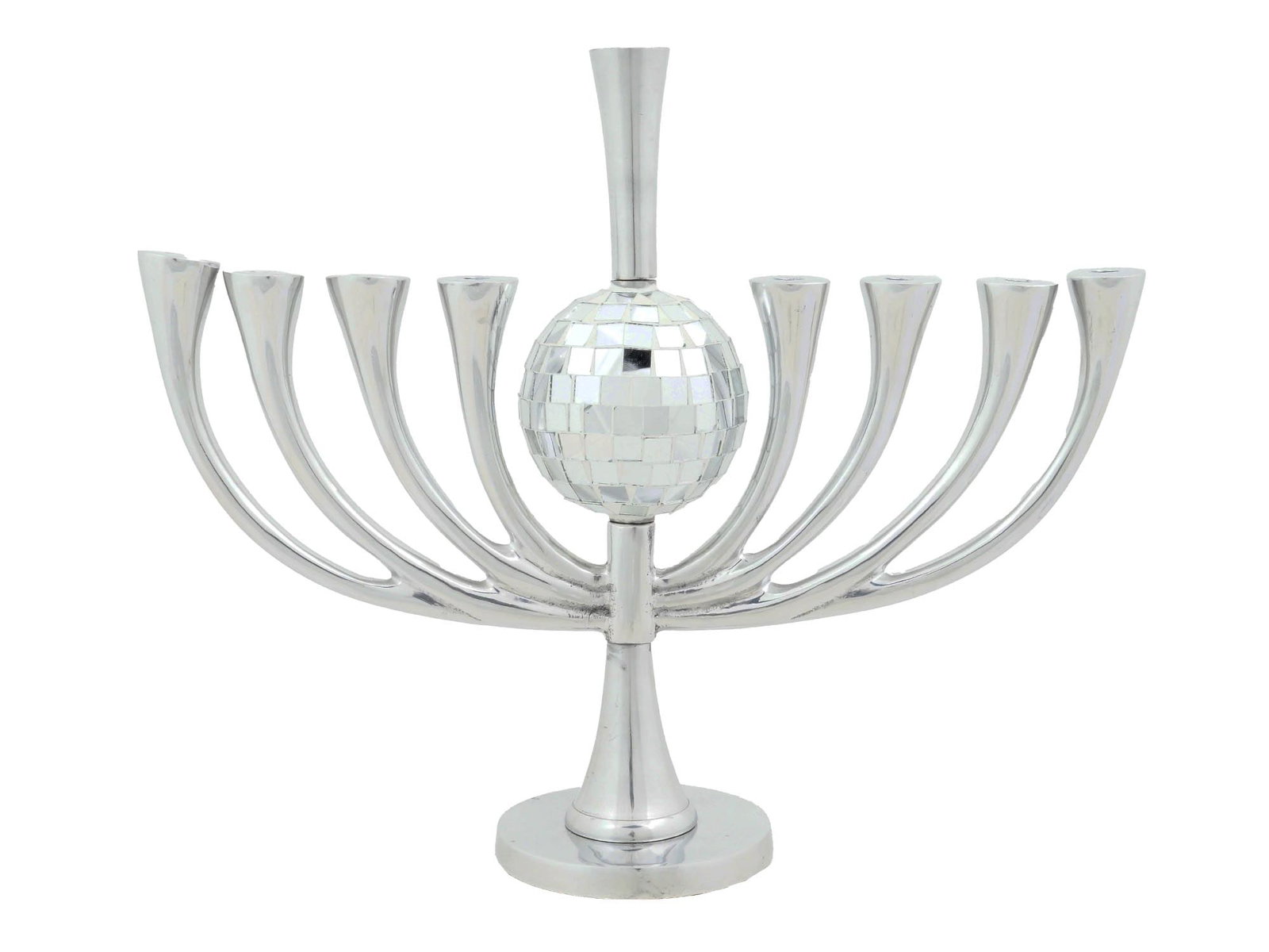 CONTEMPORARY DISCO BALL HANUKKAH MENORAH LAMP: A contemporary disco ball Hanukkah menorah lamp with nine curved branches. The lamp is made of aluminum. The ware is adorned with a disco ball design to the center. It was designed by Justin and Miche