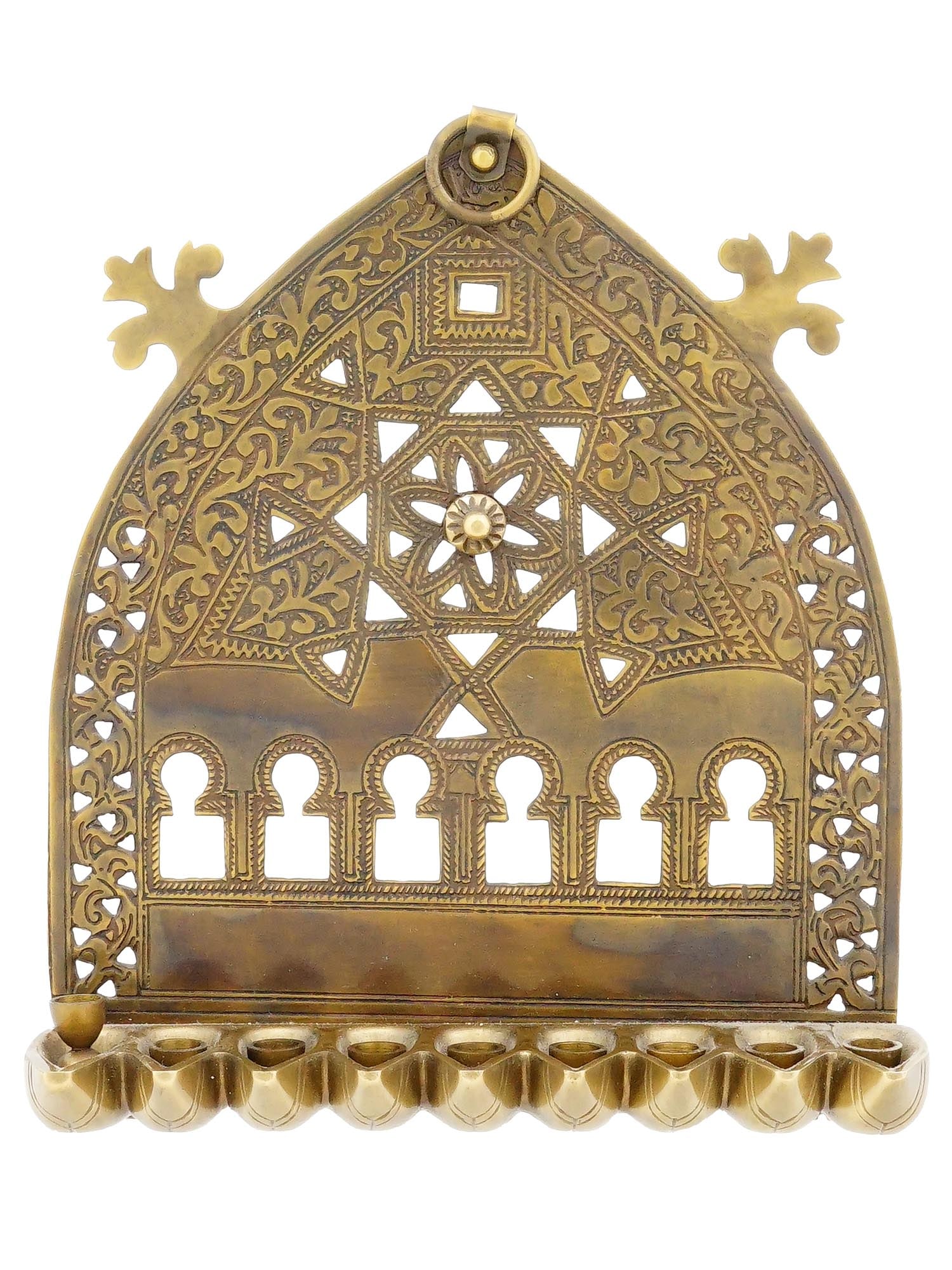 MOROCCAN BRASS HANUKKAH LAMP MADE FOR JEWISH MUSEUM: A Moroccan brass Hanukkah menorah lamp made for the Jewish Museum in New York. The lamp showcases an intricate design featuring a richly textured surface with ornate cutouts made in floral and foliage
