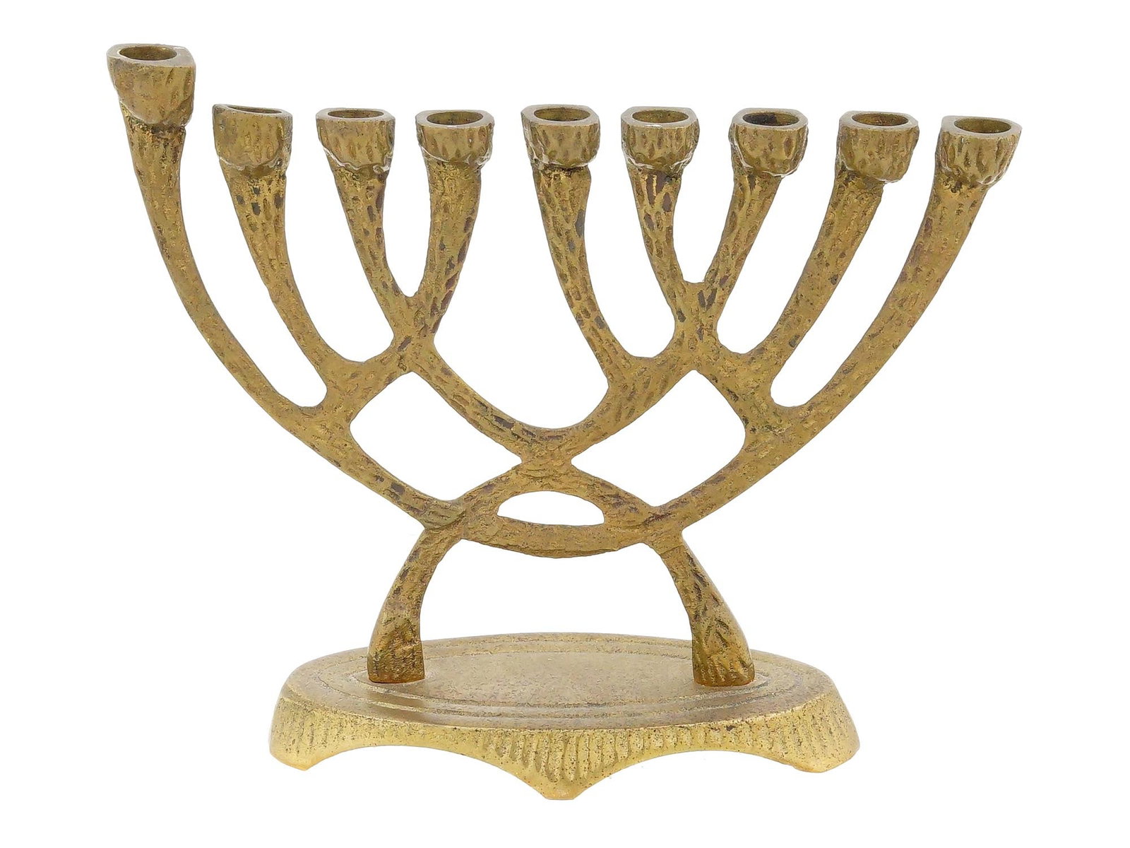 MID CENTURY JUDAICA ISRAELI HANUKKAH GILDED LAMP: A Mid 20th century Judaica Israeli hanukkah menorah lamp. The lamp is designed in a classic menorah shape, with nine curved branches, each designed to hold a candle. The central branch is slightly ele