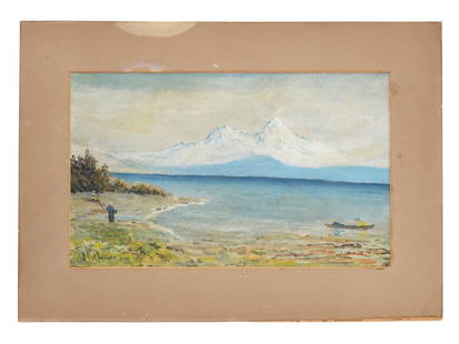 ANTIQUE LANDSCAPE OIL PAINTING BY JOHN BAXTER MATHER: An antique landscape oil painting by John Baxter Mather. The painting depicts a view of the coast with snow-capped mountains in the distance. Signed lower left. Matted. John Baxter Mather, 1853 to 194