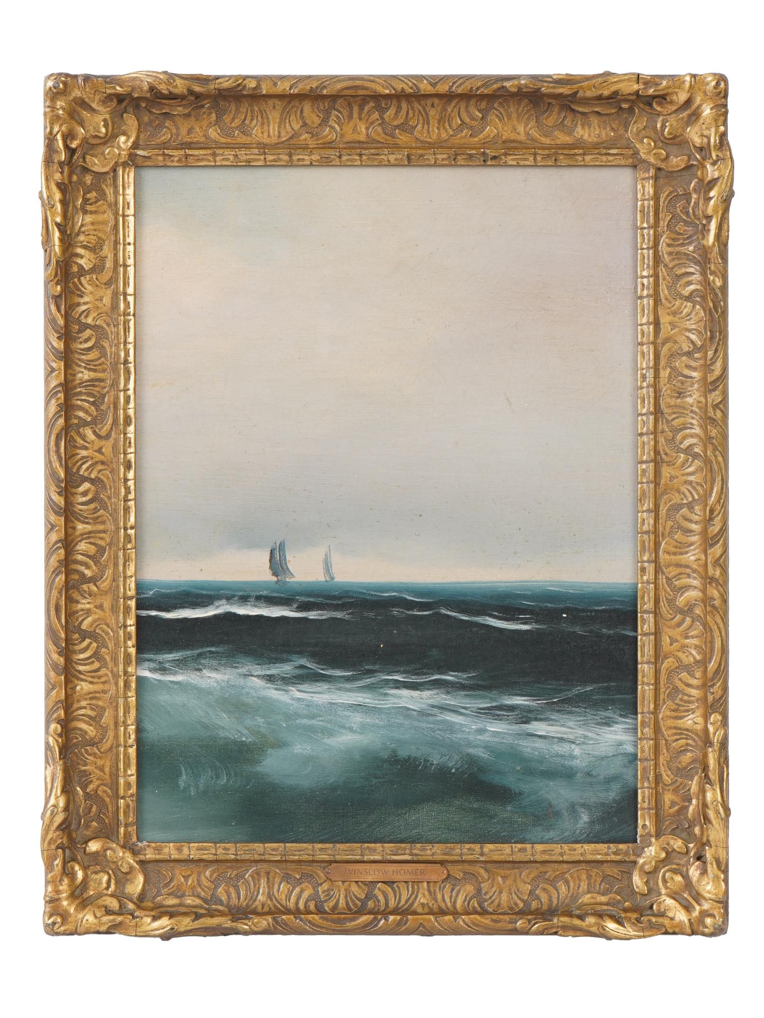 ATTRIBUTED TO WINSLOW HOMER AMERICAN OIL PAINTING: Attributed to Winslow Homer, American, 1836 to 1910, an oil on canvas on board painting depiscting ships in the sea. The artwork depicts a stormy seascape with ships sailing in the distance. Housed in