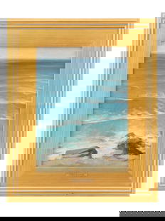 ATTR TO GEORGE W SOTTER SEASCAPE OIL PAINTING: Attributed to George W. Sotter 1879 to 1953 oil on board painting depicting a seascape. Housed in a gilt wood frame with a metal name plate below. George W. Sotter was an American painter best known f
