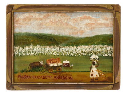 AMERICAN OIL PAINTING BY SANDRA ELIZABETH ANDERSON: Sandra Elizabeth Anderson, American, born 1942, oil painting on cardboard depicting a Folk art rural scene in a landscape. Signed lower left. Framed. Sandra Elizabeth Anderson is a Modern American art