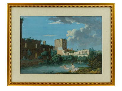 ANTIQUE EUROPEAN SCHOOL TEMPERA PAINTING SIGNED: An antique European School tempera painting on board depicting a bathing scene with two ladies and a pair of swans and a pastoral landscape. Signed by the artist probably A Reutter and dated 1804, low