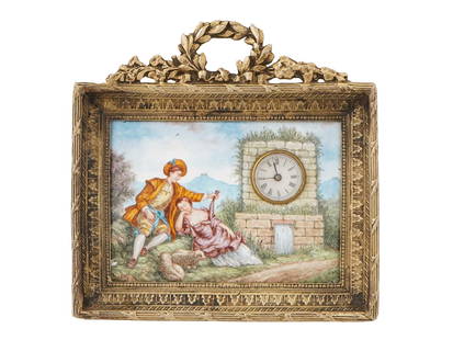 19TH C AUSTRIAN HAND PAINTED PORCELAIN BRONZE CLOCK: A 19th century Austrian Vienna hand painted porcelain and gilded table clock. The central part is decorated with a hand painted porcelain plaque representing a gallant scene in a garden. Signed with i
