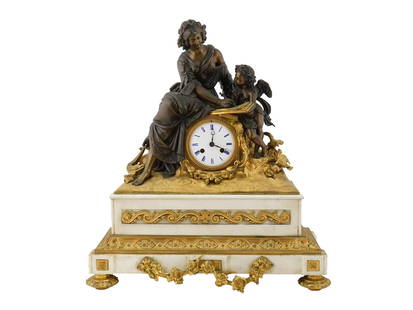 19TH C FRENCH BRONZE MARBLE CLOCK W PENDULUM MOVEMENT: A 19th century French gilded bronze clock. The clock is decorated with a figural group representing a Mythological scene with a seated lady adorned in flowing garments, interacting with an cherubic co