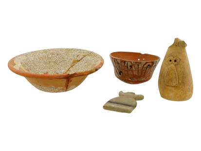 LOT OF HOLY LAND POTTERY CLAY ARTIFACTS BOWLS AND IDOL: A collection of clay artifacts from the Holy Land. Includes a clay pottery bowl, a small clay bowl with hand painted patterns and bears an auction label inside, a stone idol with a minimalist, stylize